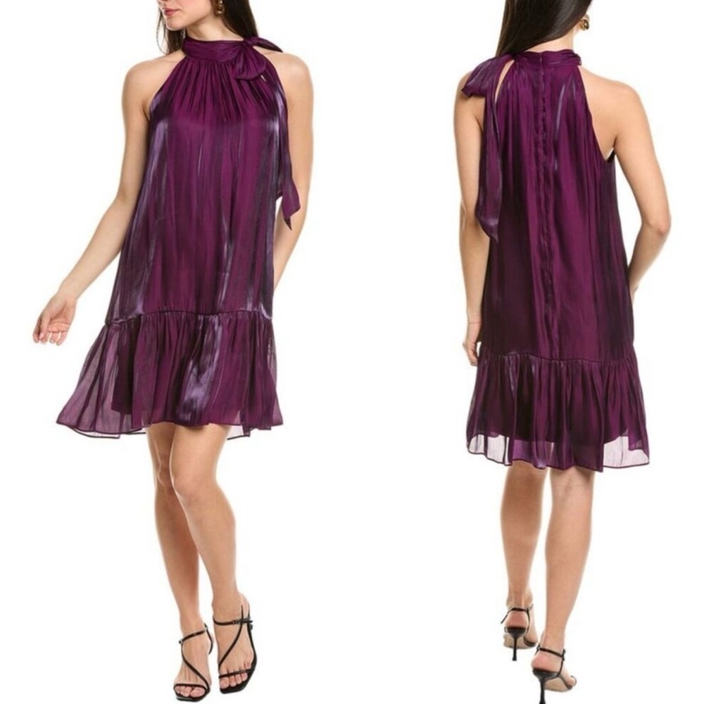 NWT Anne Klein Iridescent Tiered Dress Bow Tie Neck Party Cocktail Purple Sz 0
